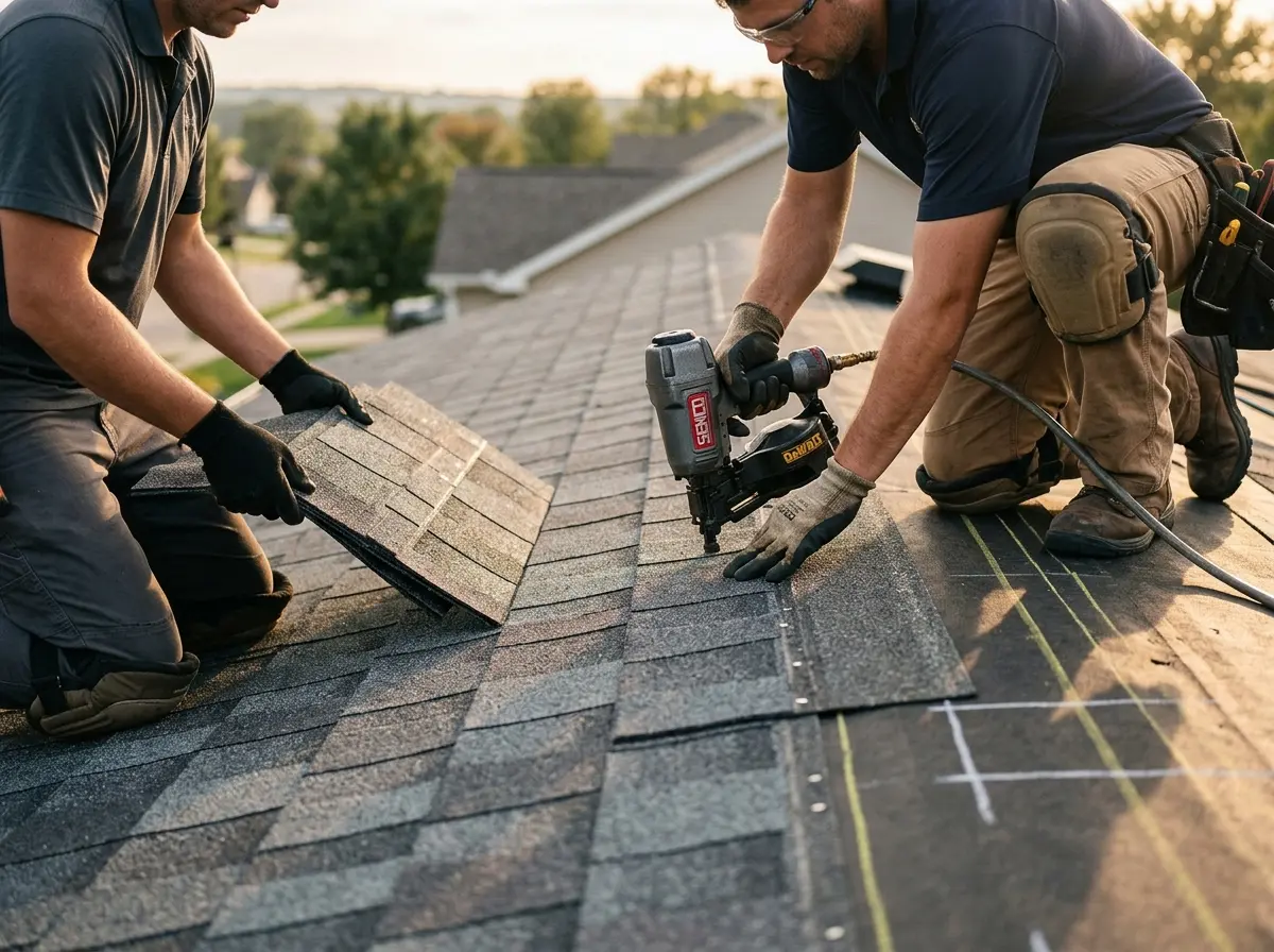 Professional roofer working on a residential roof in Moses Lake